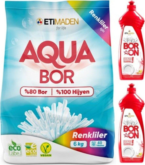 Aquabor Toz Çamaşır Deterjanı 6Kg Renkliler + Boron Elde Bulaşık X2