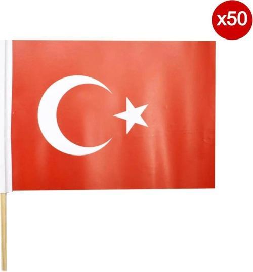 Ahşap Sopalı Türk Bayrağı Kuşe Kağıt Battal Boy 2030 Cm. 50 Li Paket