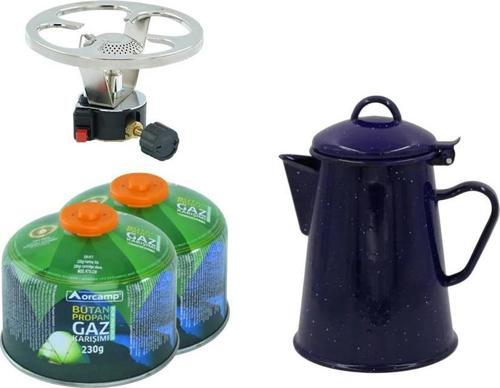 Çakmaklı Siboplu Kartuş Ocak+2 Adet 230 gr Tüp+Retro Emaye Demlik ORC-003-B2