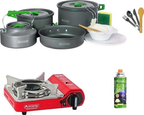 Tekli Mini Portatif Ocak Kırmızı+1 Adet Kartuş KTS 227+4 Parça Tencere Seti+Çatal Kaşık Bıçak Sarı ORC-013-D2