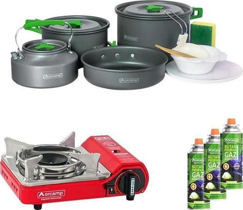 Tekli Mini Portatif Ocak Kırmızı+3 Adet Kartuş KTS 227+4 Parça Tencere Seti ORC-013-C3