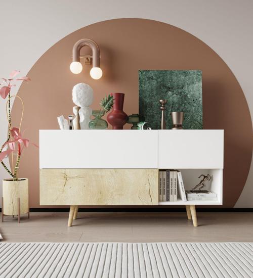 Bolonya Ahşap Ayaklı Modern Konsol 150 Cm Safir Meşe-Beyaz