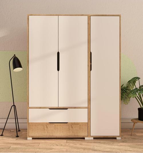 Flora 3 Kapaklı 2 Çekmeceli Gardırop Safir Meşe - Beyaz Elbise Dolabı