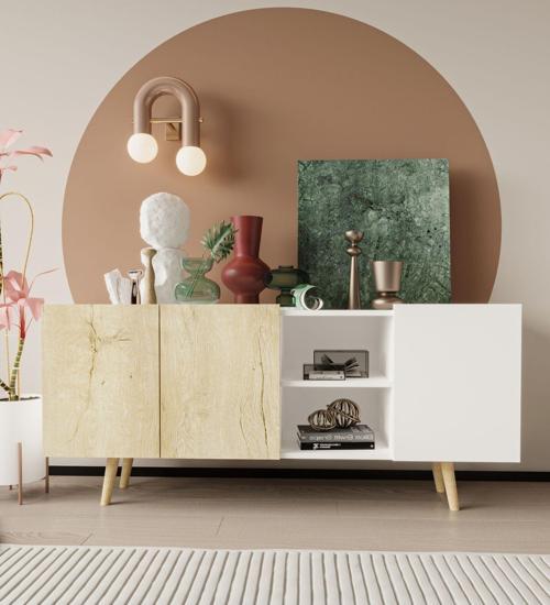 Milano Ahşap Ayaklı Modern Konsol 160 Cm Safir Meşe - Beyaz