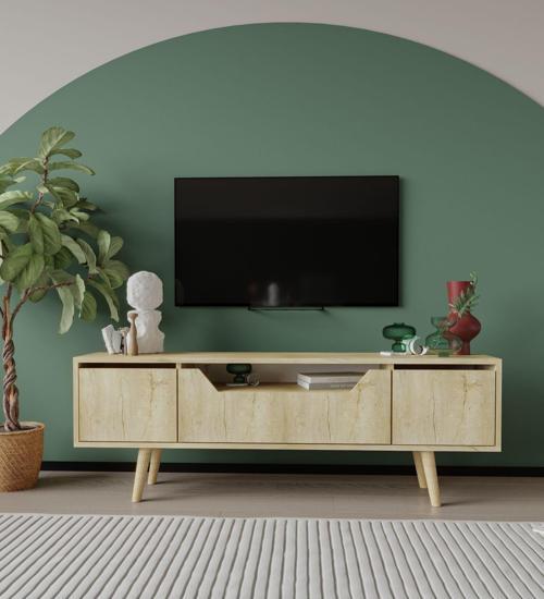 Roma Ahşap Ayaklı Tv Ünitesi Tv Sehpası Safir Meşe 150 Cm