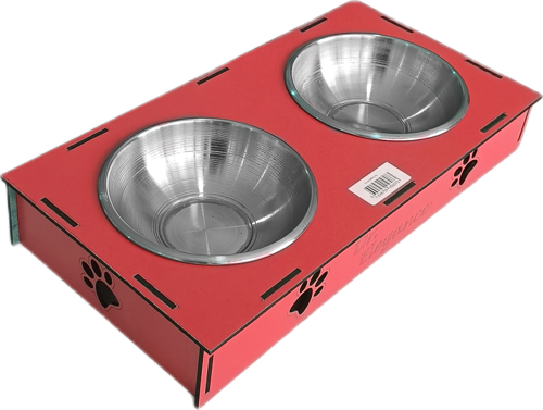 Ahşap Sehpalı İkili Devrilmez Kedi Köpek Su Ve Mama Kabı 34 cm - 300 ml Kırmızı