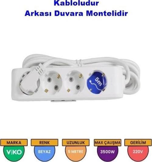Multilet Dörtlü 5Mt Ara Kablolu Grup Priz Topraklı Klemensli Beyaz