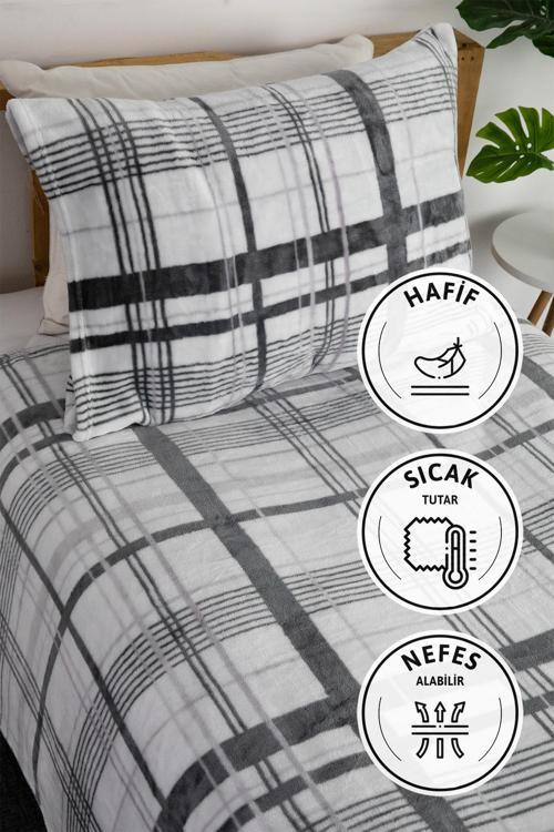 2 Parça Woolly Tek Kişilik Battaniye Yatak Örtüsü Seti - Gri