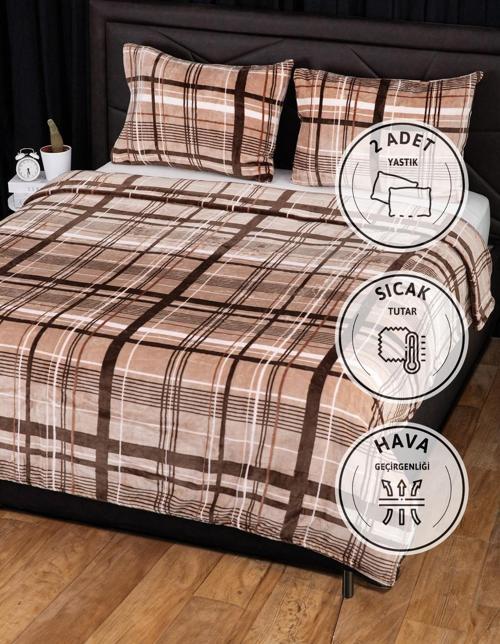 3 Parça Woolly Çift Kişilik Battaniye Yatak Örtüsü Seti - Kahverengi