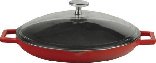 Yuvarlak Grill Tava Çap 26 Metal Kulplu Cam Kapaklı Kırmızı