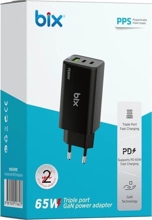 Bix Bx3p66g Gan 65w 2xtype-c 1X Usb 3 Portlu Hızlı şarj adaptörü 6