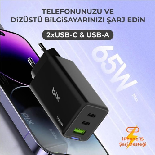 Bix Bx3p66g Gan 65w 2xtype-c 1X Usb 3 Portlu Hızlı şarj adaptörü 5