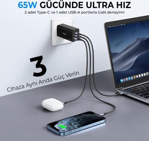 Bix Bx3p66g Gan 65w 2xtype-c 1X Usb 3 Portlu Hızlı şarj adaptörü 4