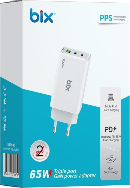 Bix Bx3p66g Gan 65w 2xtype-c 1xUsb 3 Portlu Hızlı şarj adaptörü -Beyaz 7