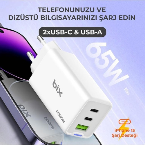 Bix Bx3p66g Gan 65w 2xtype-c 1xUsb 3 Portlu Hızlı şarj adaptörü -Beyaz 6