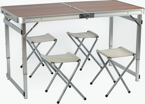 Tabureli Deluxe Katlanabilir Piknik Masası Seti - Ahşap Desen