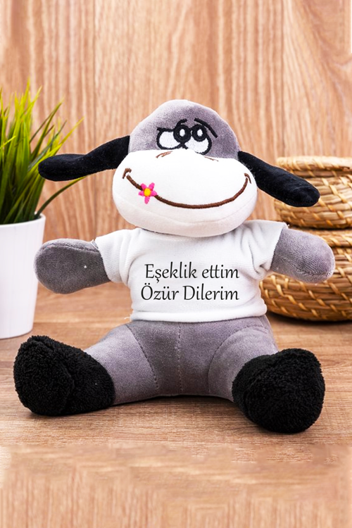 Özür Dilerim Eşeklik Ettim Yazılı Tişörtlü Peluş Eşek 25 Cm