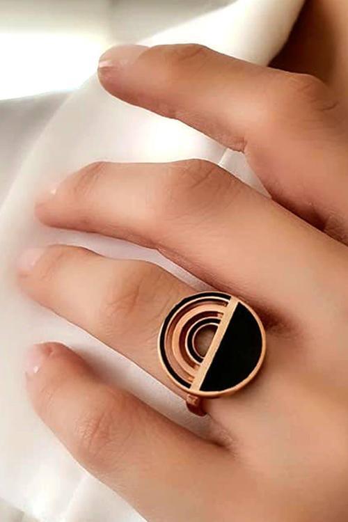 Siyah mineli gümüş rose ayarlanabilir yüzük