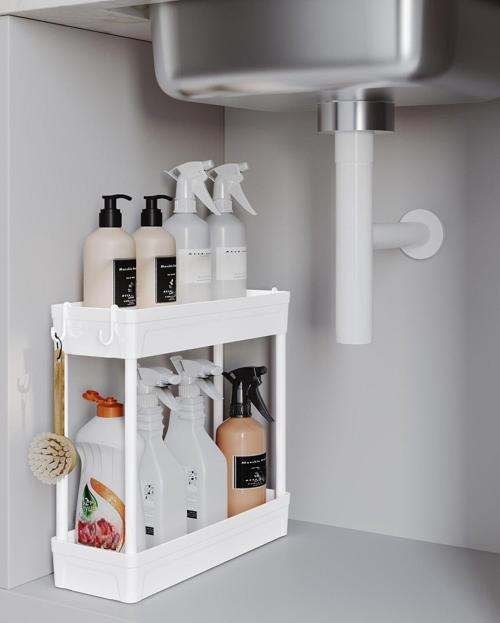 Çok Amaçlı 2 Katlı Evye Altı Düzenleyici Askılı Banyo Dolap İçi Organizeri Rafı Standı