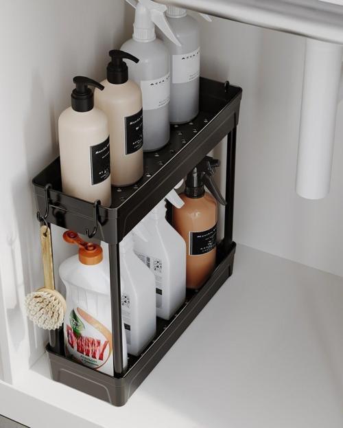 Çok Amaçlı 2 Katlı Evye Altı Düzenleyicisi Askılı Banyo Düzenleyici Kaydırmaz Tabanlı Siyah