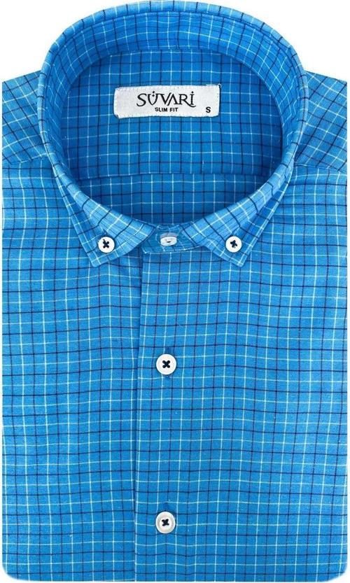 Dar Kesim Mavi Desenli Kısa Kol Erkek Gömlek