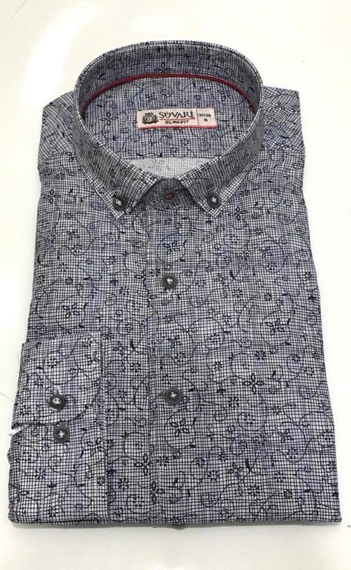 Slim Fit Baskılı Mavi Küçük Beden Gömlek
