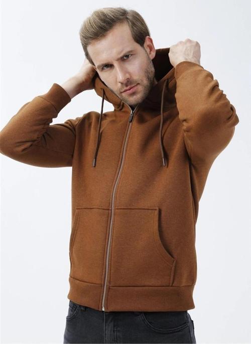 Kapüşonlu Fermuarlı Yaka Regular Kalıp Düz Kahverengi Sweatshirt