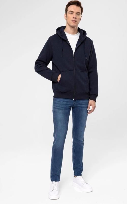 Kapüşonlu Fermuarlı Yaka Regular Kalıp Düz Lacivert Sweatshirt