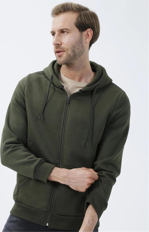 Kapüşonlu Fermuarlı Yaka Regular Kalıp Düz Yeşil Sweatshirt