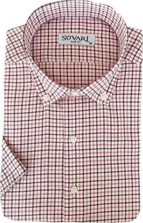 Slim Fit Kısa Kol Çizgili Kırmızı Gömlek