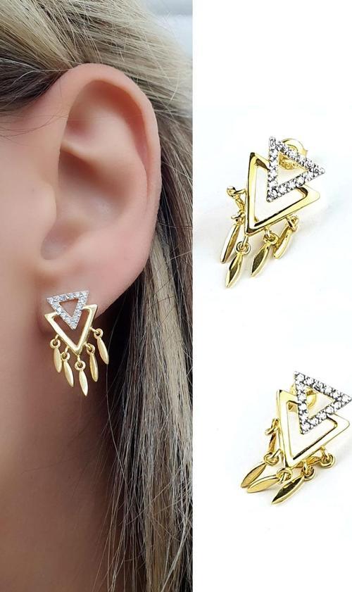 925ayar Gümüş Üzerine Altın Kaplama Zirkon Taş Detaylı Luxury Tasarım Trend Küpe