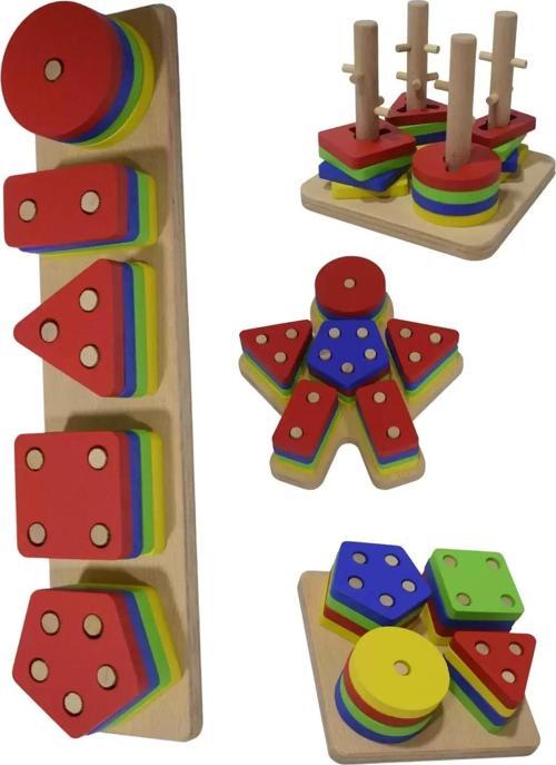 Eğitici Ahşap Şekilli Montessori Geçmeli Bul tak (4LÜ SET) Oyun Kokusuz, Sağlıklı, Boyası Çıkmaz