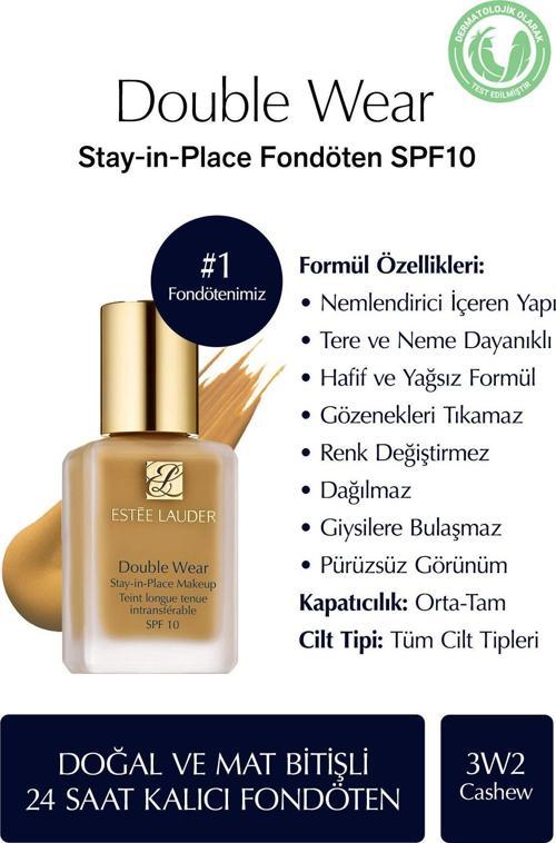 Doğal Ve Mat Bitişli - Double Wear Stay-İn-Place Fondöten Spf 10 ( 3W2 Cashew ) - 30 Ml