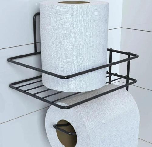 Kendiliğinden Yapışkanlı Tuvalet Kağıdı Tutacağı Ve Yedek Raf - Siyah Modern Metal Tasarım