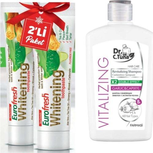 Dr.C.Tuna Vıtalızıng Sarımsaklı Şampuan 500 Ml + Eurofresh Misvaklı Beyazlatıcılı Diş Macunu 2 Adet 112 ML