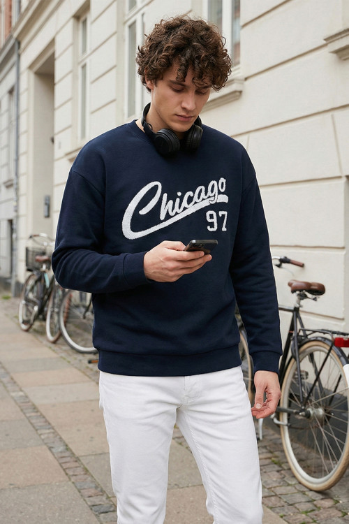 Pamuk Karışımlı Regular Fit Bisiklet Yaka Erkek Sweat 5905468S İNDİGO