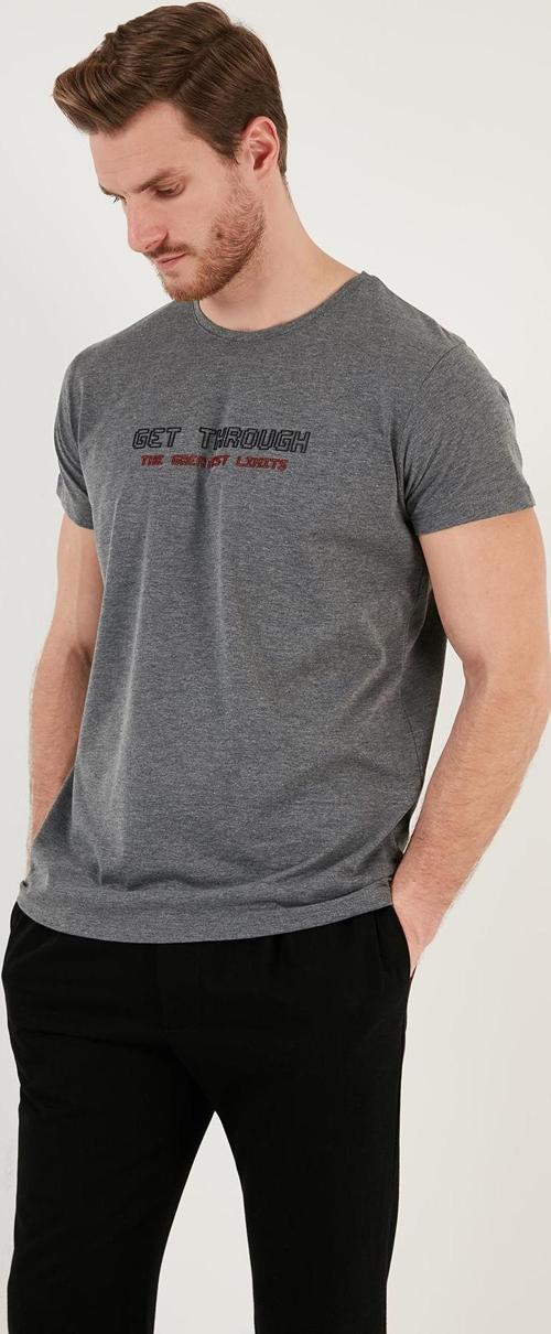 Basklı Bisiklet Yaka % 100 Pamuklu Slim Fit Erkek T Shirt 541GET ANTRASİT