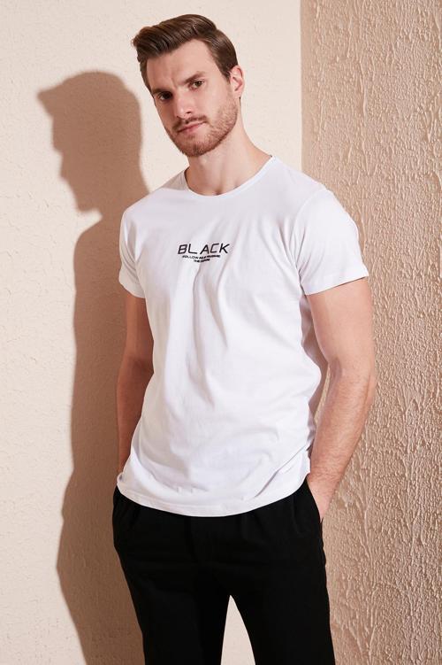 Bisiklet Yaka % 100 Pamuk Slim Fit Erkek T Shirt 541FOLLOW BEYAZ