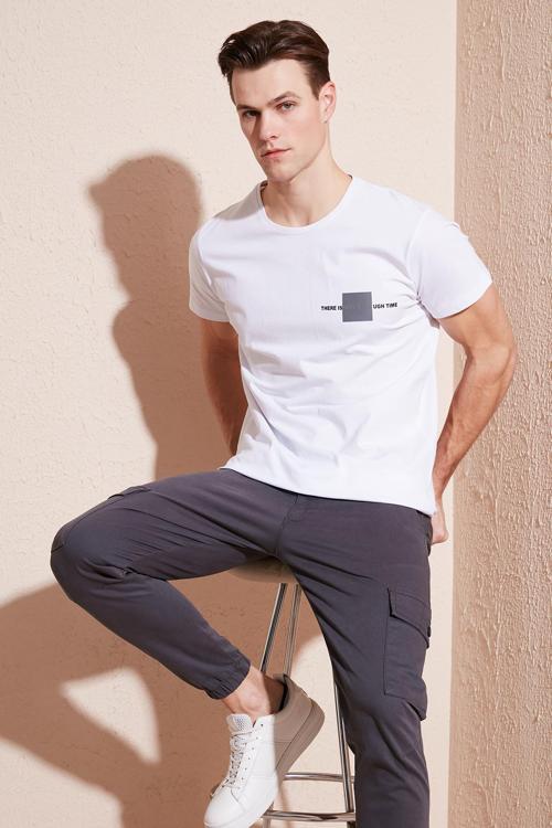 Bisiklet Yaka % 100 Pamuk Slim Fit Erkek T Shirt 541THERE BEYAZ