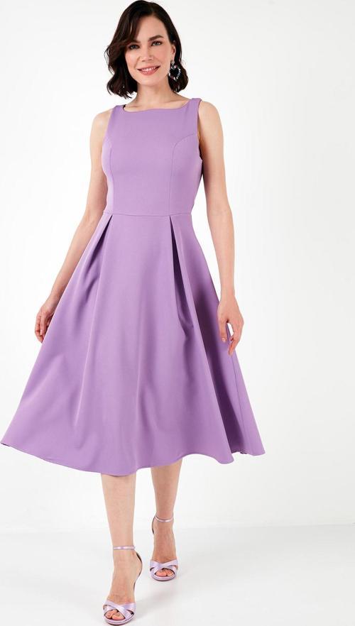 Bisiklet Yaka Regular Fit Cepli Pileli Midi Bayan Elbise 6051963 LİLA