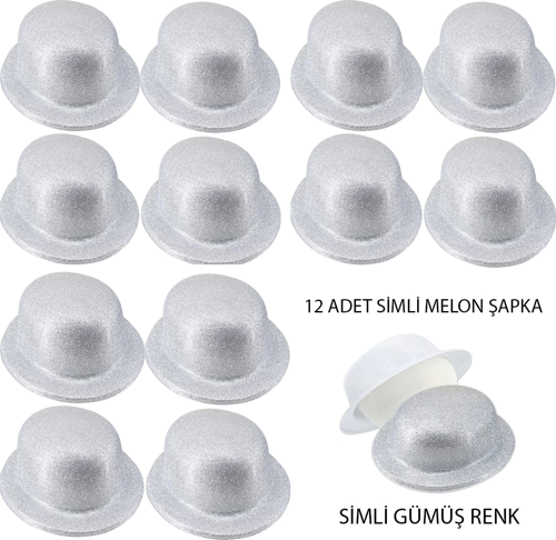 Gümüş Renk Simli Melon Yuvarlak Parti Şapkası 12 Adet