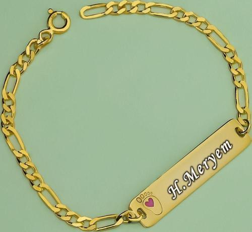 925 Ayar Gümüş Gold Kaplama Pembe Ayak İsimli Kız Bebek Künyesi