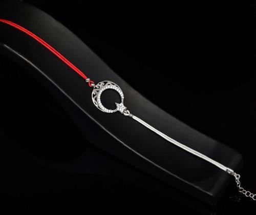 925 Ayar Gümüş Rodyum Kaplama Kırmızı Beyaz Türkiye ,Taraftar Desenli Ayyıldız Erkek Bileklik