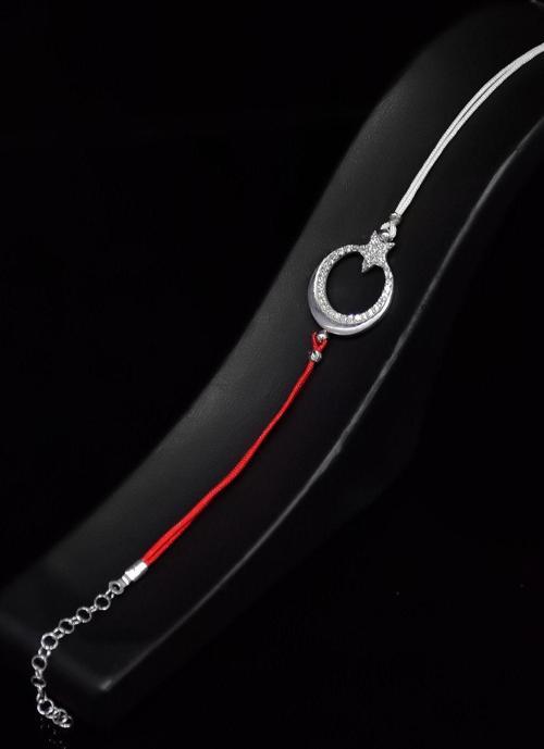 925 Ayar Gümüş Rodyum Kaplama Kırmızı Beyaz Türkiye ,Taraftar Tek Sıra Ayyıldız Erkek Bileklik