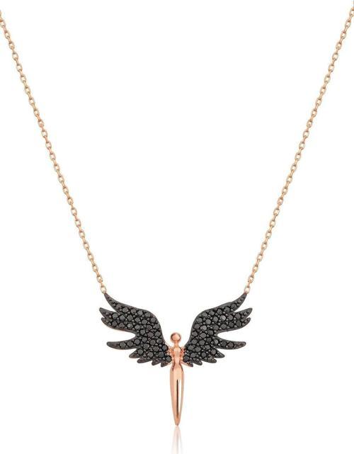 Melek Kolye. Rose Altın Kaplama Siyah Nano Zirkon Taşlı 925 Ayar Gümüş.