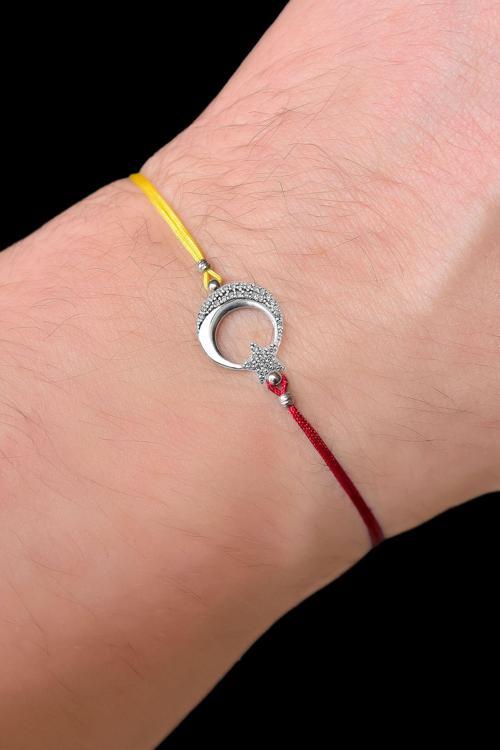 925 Ayar Gümüş Rodyum Kaplama Sarı Kırmızı  ,Taraftar Yarım Ayyıldız Erkek Bileklik