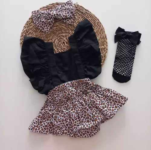 Kız Bebek Leopar Desenli Fırfırlı Salopet Bandana Siyah File Çorap Takım