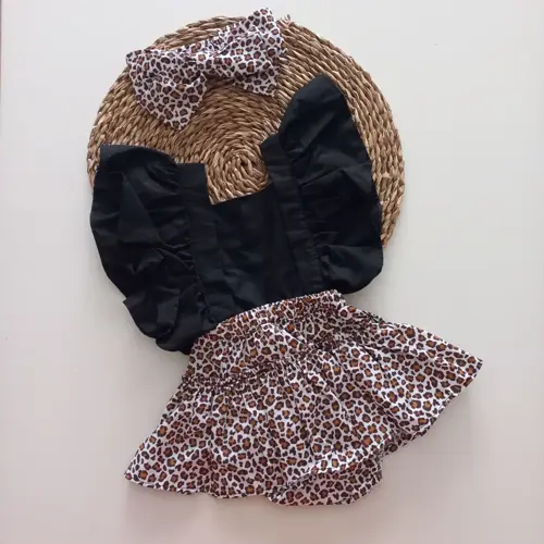 Kız Bebek Leopar Desenli Fırfırlı Salopet Bandana Takım