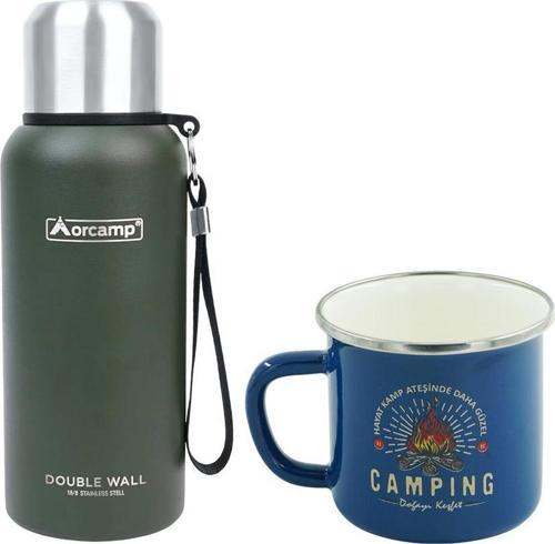 Çelik Termos 0.50 Lt Yeşil OUT-5000+Emaye Camping 180 ml Kupa OUT-1900 Mavi ORC-066-B-M2