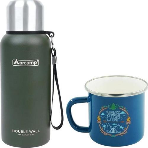Çelik Termos 0.50 Lt Yeşil OUT-5000+Emaye Summer 180 ml Kupa OUT-1900 Mavi ORC-066-B-M4